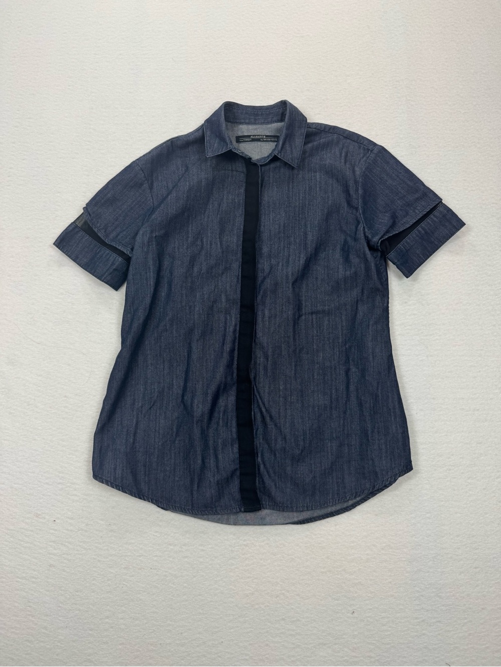 AllSaints Terente Indigo Denim Short Sleeve Snap Shirt Sheer Mesh Trim Sz 4